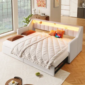 Dagbed 90 x 200 cm – Uitschuifbed met 2 lades en opbergvakken – beige linnen – matras niet inbegrepen