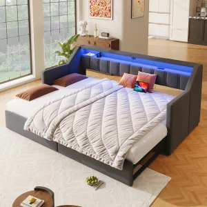 Dagbed 90 x 200 cm – Uitschuifbed met 2 lades en opbergvakken – grijs linnen – matras niet inbegrepen