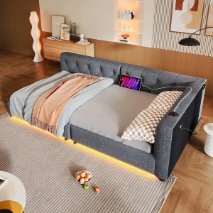 Daybed 90 x 200 cm – Eenpersoonsbed met LED-verlichting en USB- en Type-C-interfaces – grijs linnen – matras niet inbegrepen