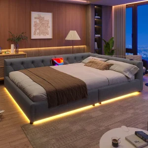 Daybed 140 x 200 cm – Tweepersoonsbed met LED-verlichting en USB- en Type-C-interfaces – grijs linnen – matras niet inbegrepen Daybed 140 x 200 cm – Tweepersoonsbed met LED-verlichting en USB- en Type-C-interfaces – grijs linnen – matras niet inbegrepen