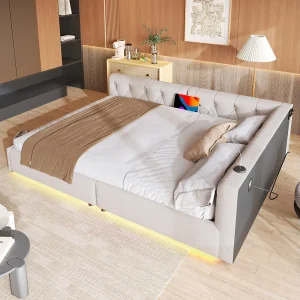 Daybed 140 x 200 cm – Tweepersoonsbed met LED-verlichting en USB- en Type-C-interfaces – beige linnen – matras niet inbegrepen Daybed 140 x 200 cm – Tweepersoonsbed met LED-verlichting en USB- en Type-C-interfaces – beige linnen – matras niet inbegrepen