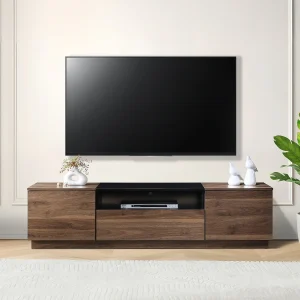 TV-meubel met 2 deuren, 1 lade en 1 nis – Donker naturel en zwart – CEMILINA
