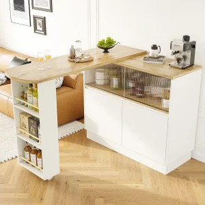 Draaibare barkast – 120 x 90 x 103 cm – met planken en glas + 4 deuren – MDF – wit