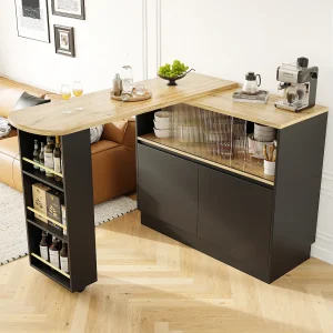 Draaibare barkast – 120 x 90 x 103 cm – met planken en glas + 4 deuren – MDF – zwart