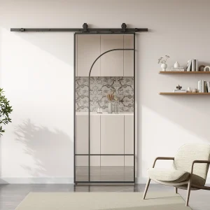 Schuifdeur van aluminium en gehard glas met rail – H204 x B83 cm – Zwart – VIGELO