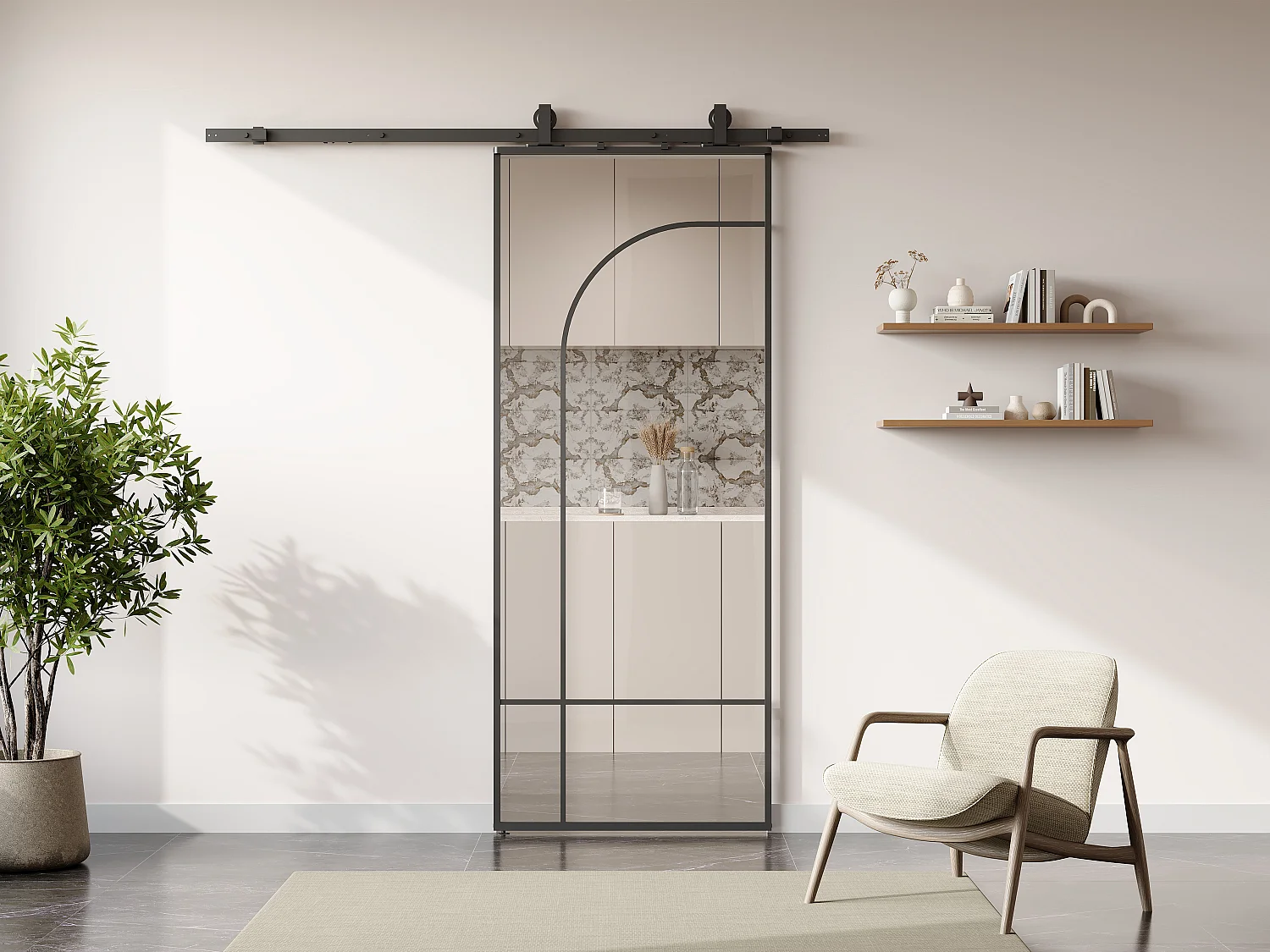 Schuifdeur van aluminium en gehard glas met rail - H204 x B83 cm - Zwart - VIGELO