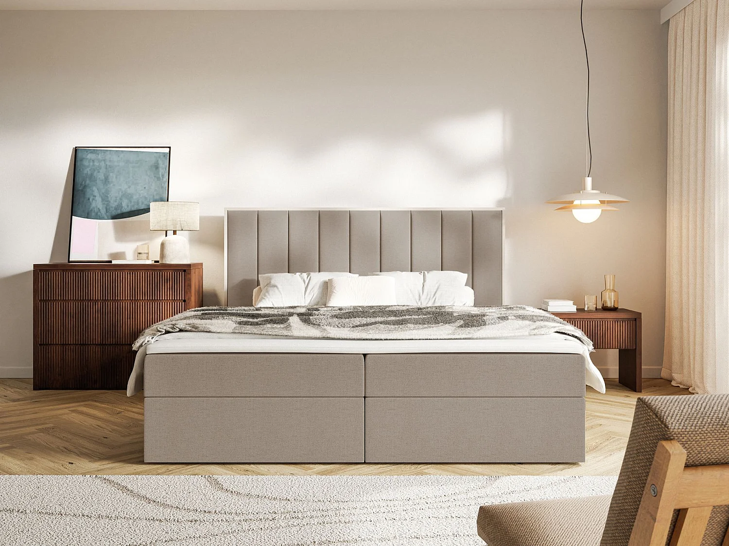 Boxspringbed 180x200 – opbergruimte en topper – hydrofobe chenille – bruin – TOGENTS