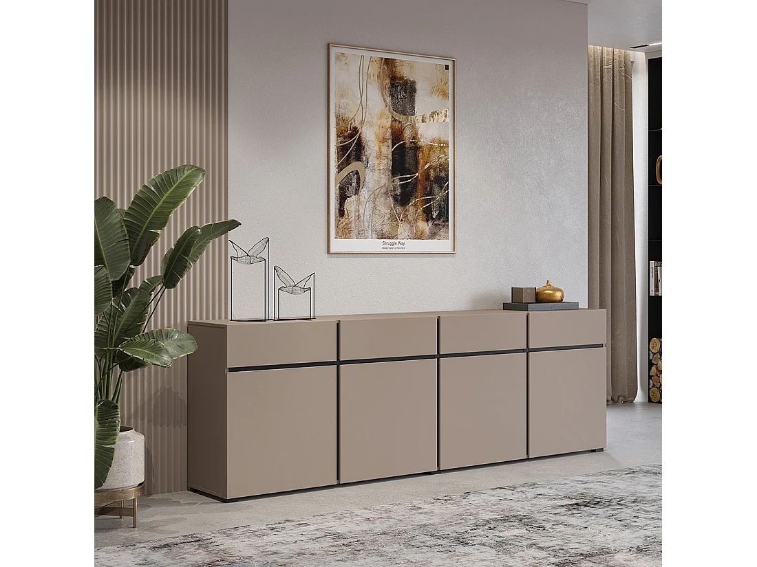 Buffet XL in beige en zwart 225cm collectie HAVANA. Dressoir design met 4 deuren en 4 laden.