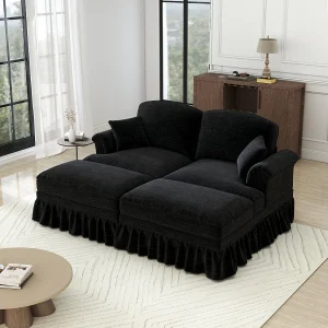 Chesterfield bank 2-zits in chenille zwart – met 2 poefs en 2 kussens – afneembare ruche – 194x140x93cm Chesterfield bank 2-zits in chenille zwart – met 2 poefs en 2 kussens – afneembare ruche – 194x140x93cm