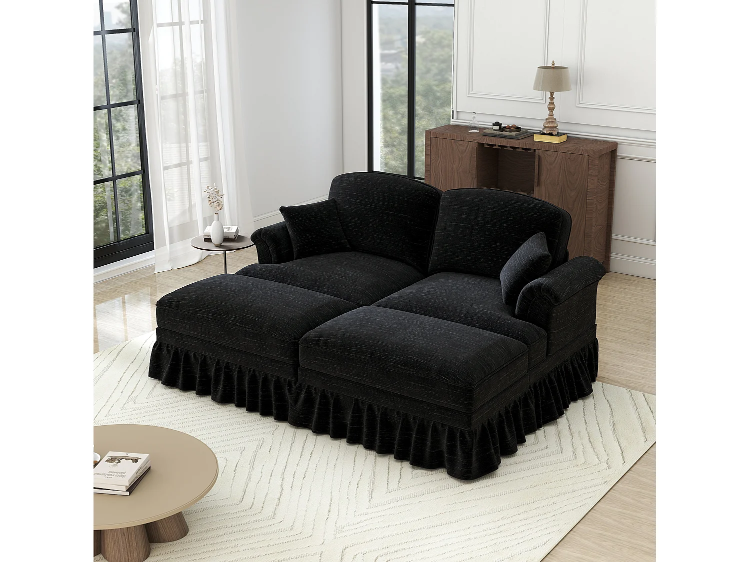 Chesterfield bank 2-zits in chenille zwart - met 2 poefs en 2 kussens - afneembare ruche - 194x140x93cm