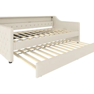 Daybed 90 x 200 cm met uitschuifbaar bed 90 x 190 cm – LED en USB – Knoopsluiting – Beige linnen stof Daybed 90 x 200 cm met uitschuifbaar bed 90 x 190 cm – LED en USB – Knoopsluiting – Beige linnen stof
