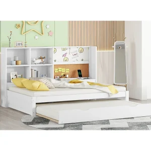Daybed 90 x 200 cm met uitschuifbaar bed – USB, grafisch tablet en opbergruimte – Wit hout Daybed 90 x 200 cm met uitschuifbaar bed – USB, grafisch tablet en opbergruimte – Wit hout