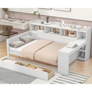 Dagbed 90 x 200 cm met stopcontact, USB-aansluiting, 2 lades en bureau – Matras niet inbegrepen – Wit PB-hout Dagbed 90 x 200 cm met stopcontact, USB-aansluiting, 2 lades en bureau – Matras niet inbegrepen – Wit PB-hout