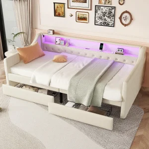 Daybed 90 x 200 cm met LED, USB en 2 lades – Beige linnen stof – Matras niet inbegrepen Daybed 90 x 200 cm met LED, USB en 2 lades – Beige linnen stof – Matras niet inbegrepen