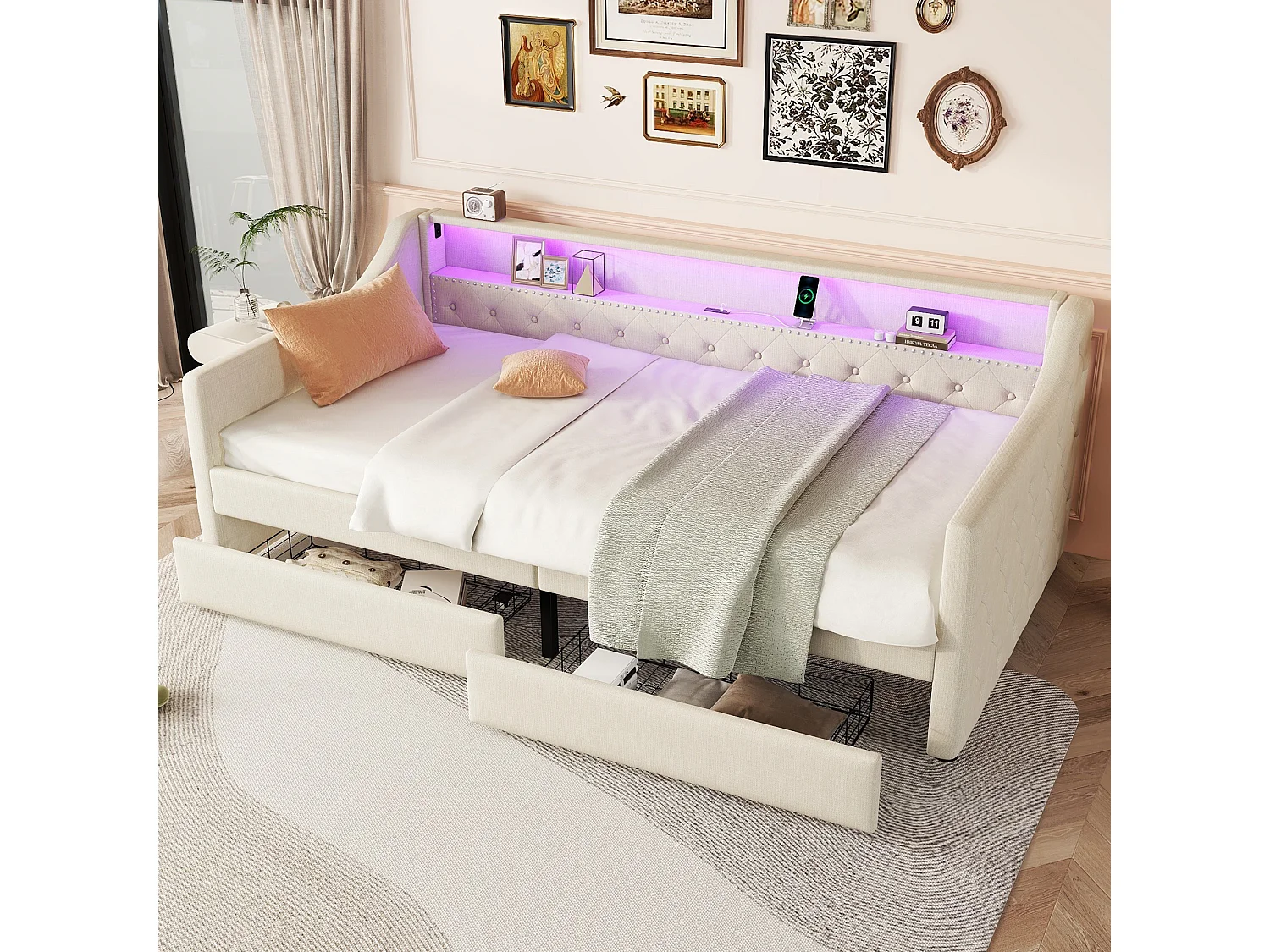 Daybed 90 x 200 cm met LED, USB en 2 lades - Beige linnen stof - Matras niet inbegrepen