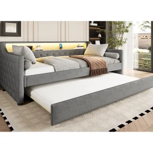 Dagbed 90x200cm met uitschuifbaar bed 90x190cm – LED en USB – Grijze linnen stof (matras niet inbegrepen) Dagbed 90x200cm met uitschuifbaar bed 90x190cm – LED en USB – Grijze linnen stof (matras niet inbegrepen)