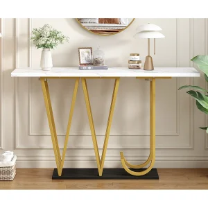 Consoletafel met gouden metalen poten – Marmerlook blad 120 x 29,5 x 80 cm
