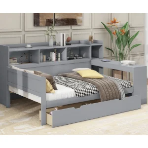 Dagbed 90 x 200 cm met stopcontact, USB-aansluiting, 2 lades en bureau – Matras niet inbegrepen – Grijs PB-hout Dagbed 90 x 200 cm met stopcontact, USB-aansluiting, 2 lades en bureau – Matras niet inbegrepen – Grijs PB-hout