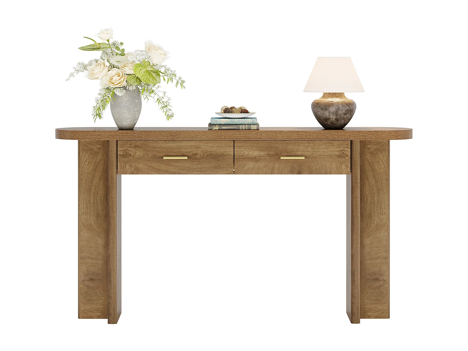 Consoletafel met 2 lades, 160 cm, ovaal gebogen entreetafel met opbergruimte