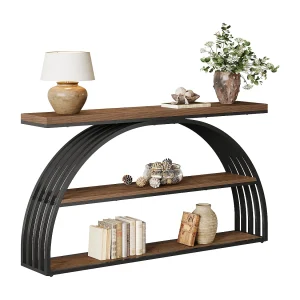 Consoletafel van 160 cm voor de hal, landelijke haltafel met gebogen frame, industriële bankconsole met 3 niveaus Consoletafel van 160 cm voor de hal, landelijke haltafel met gebogen frame, industriële bankconsole met 3 niveaus