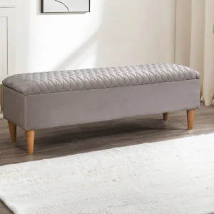 Opbergbank voor het voeteneind van het bed in beige velours stof – DANIELE Opbergbank voor het voeteneind van het bed in beige velours stof – DANIELE
