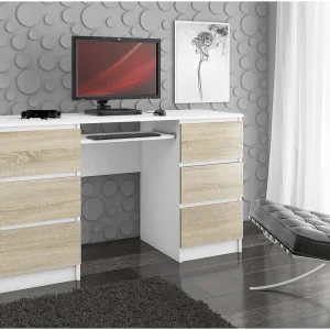 Computertafel A-11 135 cm 6 Lades Wit / Eik Sonoma met Uittrekbaar Toetsenbordplateau Computertafel A-11 135 cm 6 Lades Wit / Eik Sonoma met Uittrekbaar Toetsenbordplateau