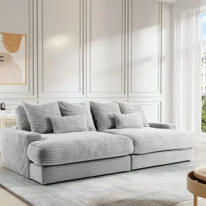 4-zits bank met diepzittende zitting in grijs corduroy met brede ribben CALAZO 4-zits bank met diepzittende zitting in grijs corduroy met brede ribben CALAZO