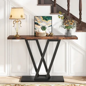 Consoletafel, industriële hal- en entreeconsoletafel, 110 cm, smalle salontafel voor de woonkamer, bruin Consoletafel, industriële hal- en entreeconsoletafel, 110 cm, smalle salontafel voor de woonkamer, bruin