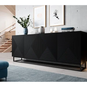 Buffet 4 deuren in hout lamellé noir met metaal pied 200×43 cm
