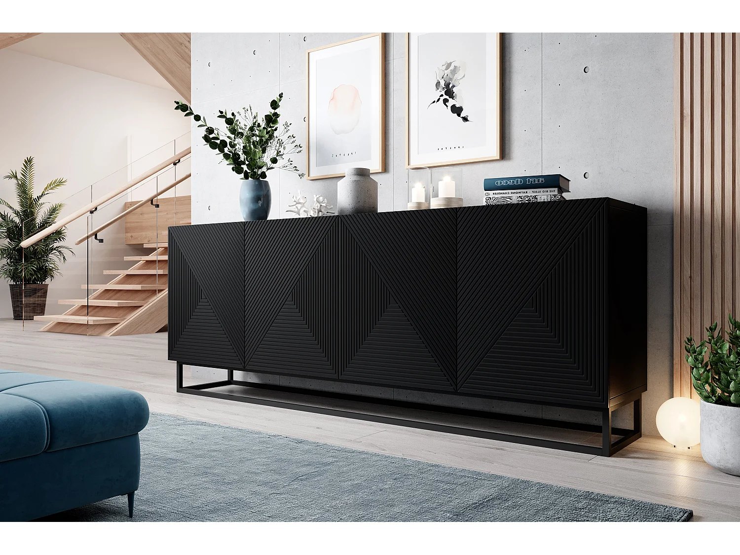 Buffet 4 deuren in hout lamellé noir met metaal pied 200x43 cm