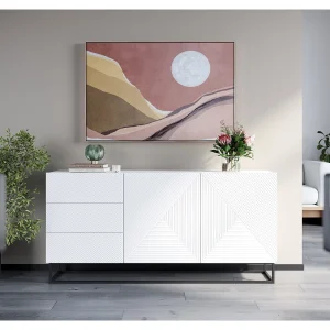 Buffet 2 deuren 3 laden in hout lamellé wit met metaal bont 167x43cm Buffet 2 deuren 3 laden in hout lamellé wit met metaal bont 167x43cm