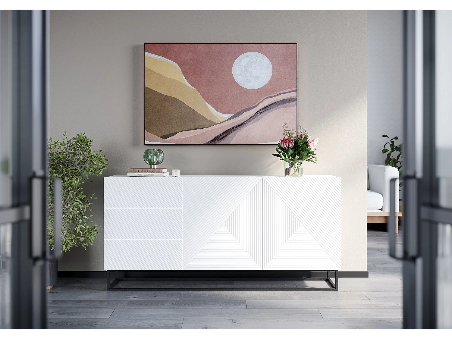 Buffet 2 deuren 3 laden in hout lamellé wit met metaal bont 167x43cm