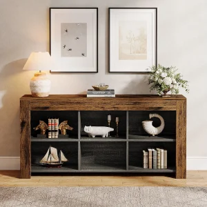 Consoletafel van 160 cm lang, rustieke houten haltafel met 6 opbergvakken Consoletafel van 160 cm lang, rustieke houten haltafel met 6 opbergvakken