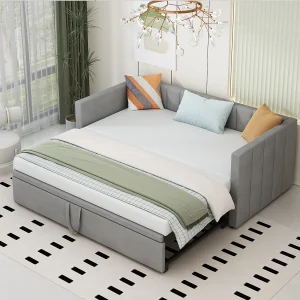 Dagbed 90×200 cm – Uitschuifbed met lattenbodem – grijs fluweel – zonder matras