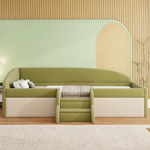 Dagbed 90×190 cm – Kinderbed met lattenbodem – fluweel – donkergroen + beige – matras niet inbegrepen Dagbed 90×190 cm – Kinderbed met lattenbodem – fluweel – donkergroen + beige – matras niet inbegrepen