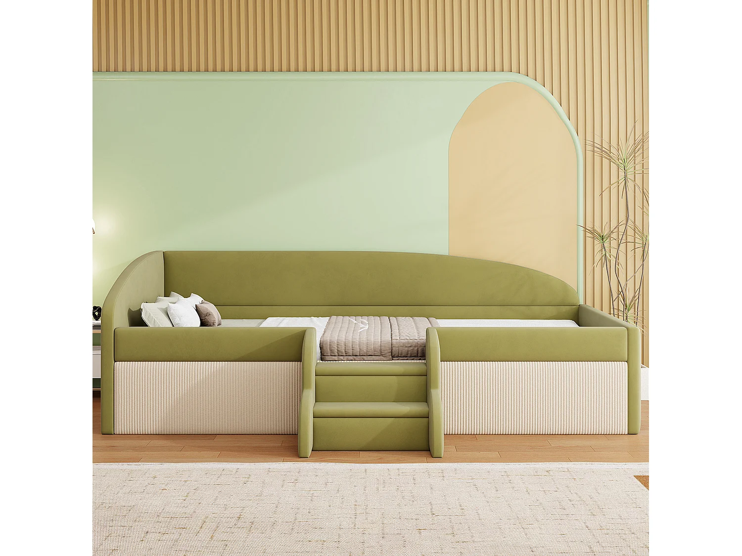 Dagbed 90x190 cm - Kinderbed met lattenbodem - fluweel - donkergroen + beige - matras niet inbegrepen