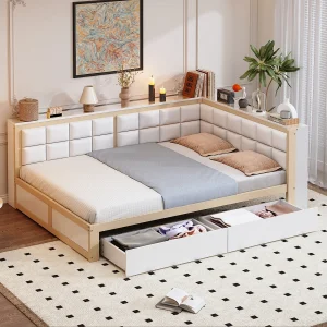 Dagbed van 140×200 cm – met 2 opberglades en lattenbodem – wit en hout – matras niet inbegrepen Dagbed van 140×200 cm – met 2 opberglades en lattenbodem – wit en hout – matras niet inbegrepen