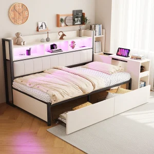 Dagbed 90x200cm – Kinderbed met 2 lades en opbergruimte, ledverlichting en stopcontacten – wit – matras niet inbegrepen Dagbed 90x200cm – Kinderbed met 2 lades en opbergruimte, ledverlichting en stopcontacten – wit – matras niet inbegrepen
