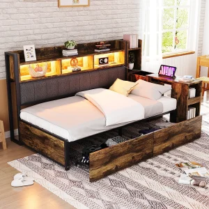 Dagbed 90x200cm – Kinderbed met 2 lades en opbergruimte, ledverlichting en stopcontacten – naturel – matras niet inbegrepen Dagbed 90x200cm – Kinderbed met 2 lades en opbergruimte, ledverlichting en stopcontacten – naturel – matras niet inbegrepen
