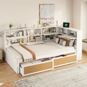 Dagbed 90×200 cm – Kinderbed met opbergvakken en 2 lades – wit – matras niet inbegrepen