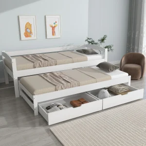 Dagbed 200x90cm/190x90cm – Uitschuifbed met 2 lades – wit – zonder matras
