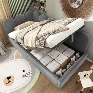 Dagbed 90×200 cm – Kinderbed met opbergruimte en metalen lattenbodem – grijs fluweel – zonder matras