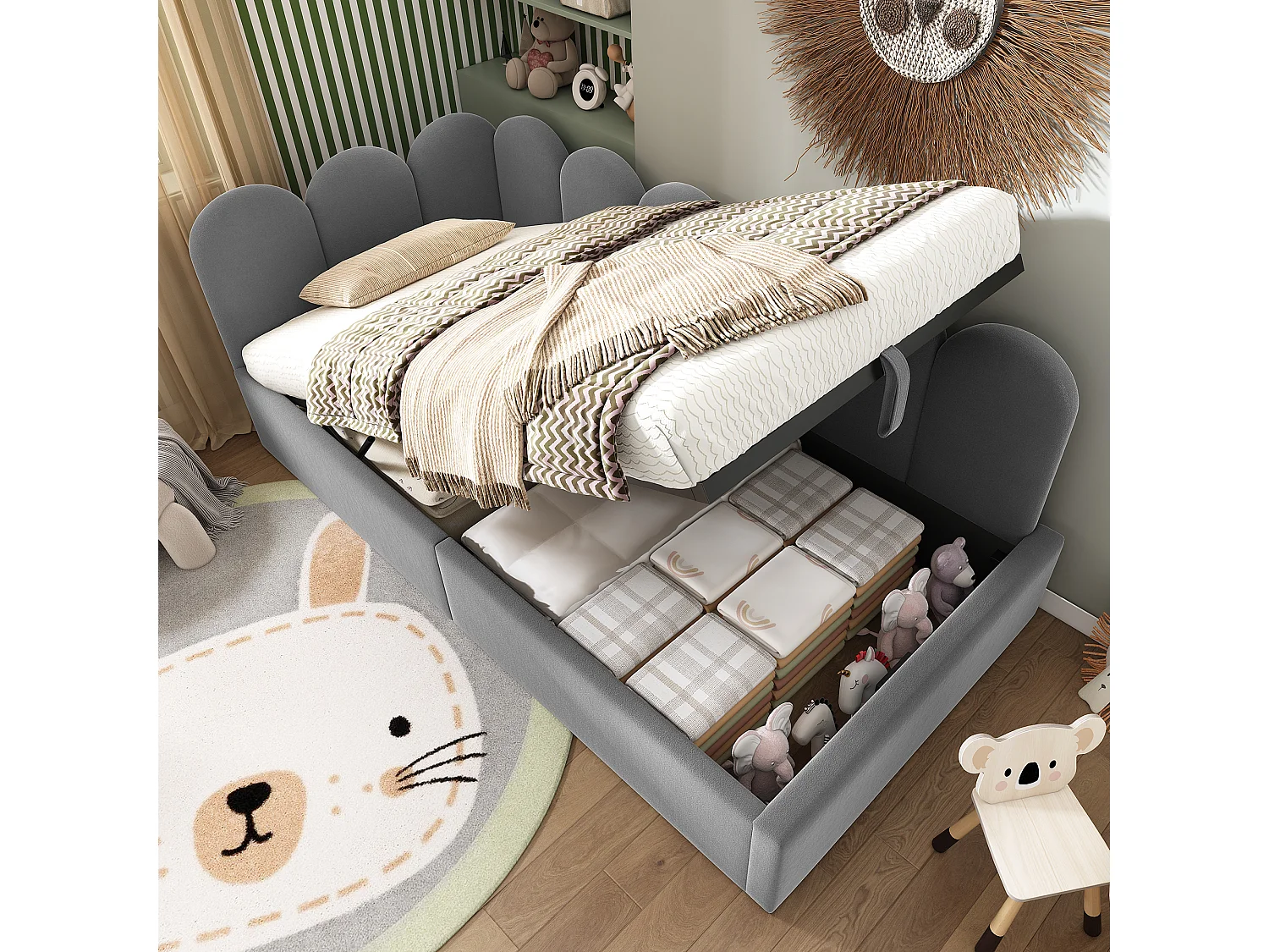 Dagbed 90x200 cm - Kinderbed met opbergruimte en metalen lattenbodem - grijs fluweel - zonder matras