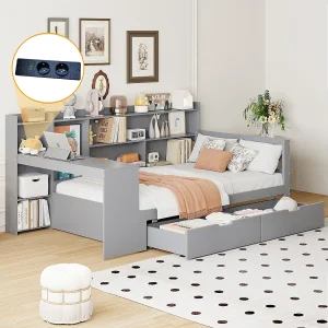 Dagbed 90×200 cm – Kinderbed met planken en 2 lades – grijs hout – zonder matras