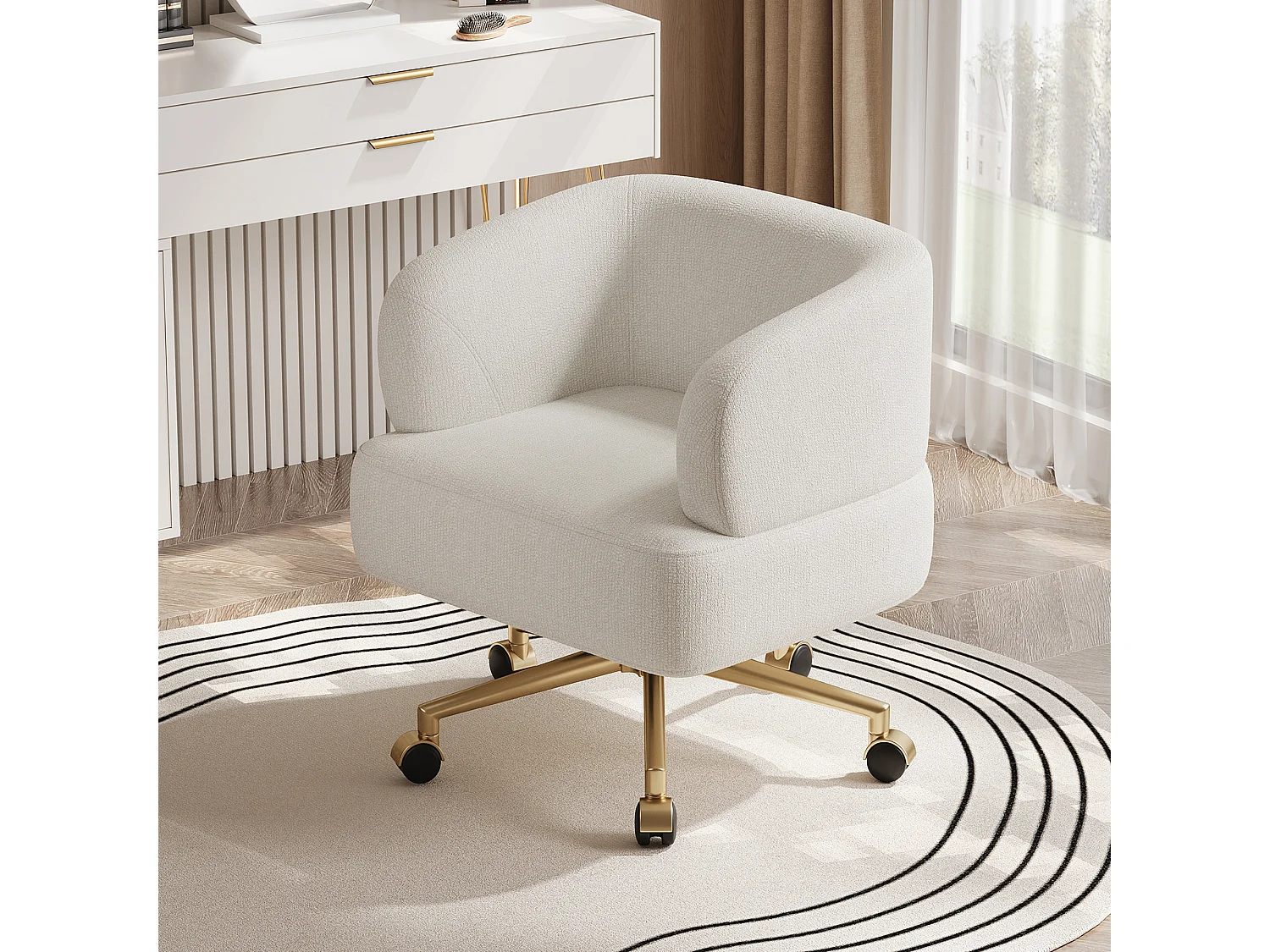Draaibare loungestoel - 71 x 60 x 71 cm - met 5 wielen - 360° draaibaar - chenille - beige