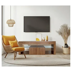 "Hugo" Houten TV-standaard – Bruin – 140 x 40 x 50 cm – Glazen planken "Hugo" Houten TV-standaard – Bruin – 140 x 40 x 50 cm – Glazen planken