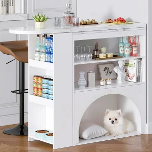 Draaibare bartafel met opbergruimte en plek voor huisdieren – Blad met marmerlook – Wit