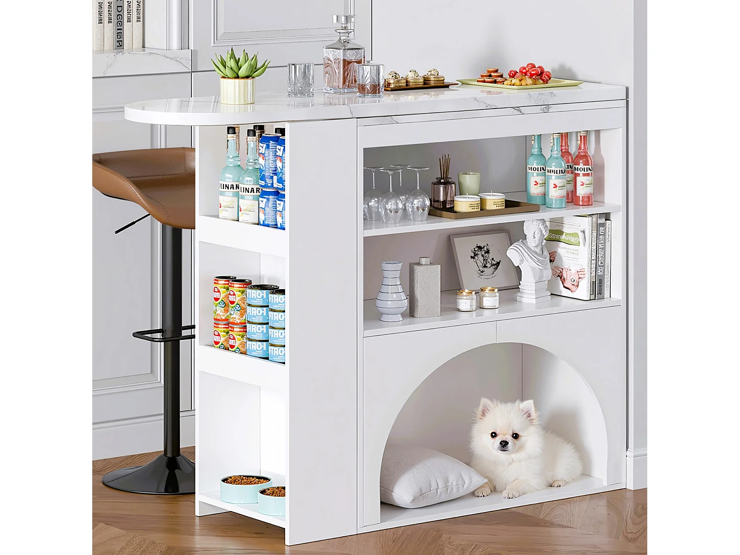 Draaibare bartafel met opbergruimte en plek voor huisdieren - Blad met marmerlook - Wit
