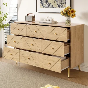 Commode met 9 lades – Metalen poten – Geometrische patronen – Licht naturel Commode met 9 lades – Metalen poten – Geometrische patronen – Licht naturel