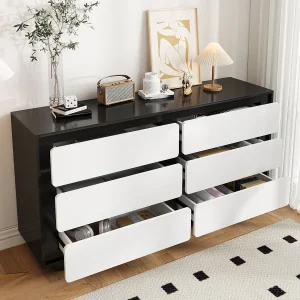 Commode met 6 lades – Ronde metalen poten – Zwart en wit